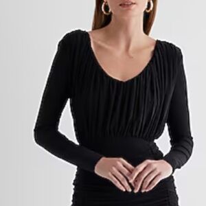 V-Neck Long Sleeve Ruched Mini Sheath Dress